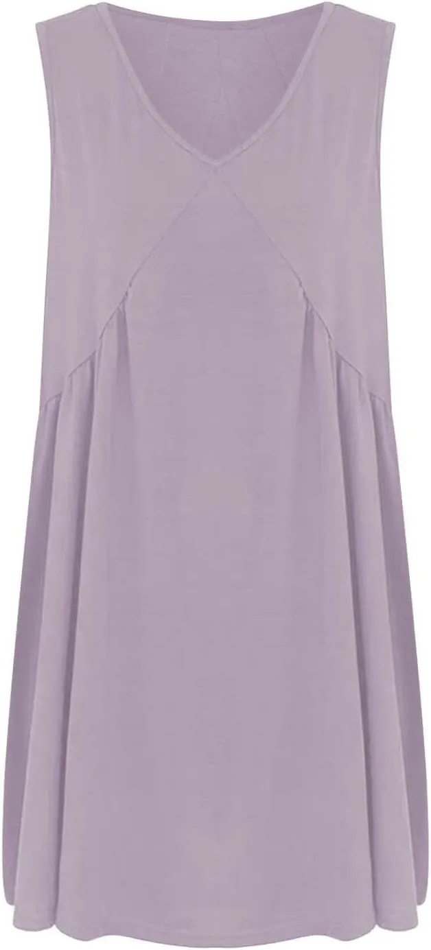 Mini Dresses for Women 2024 Pleated Swing Flowy Solid Color Sleveless Sundress Pockets V Neck Casual Beach Tank Dress