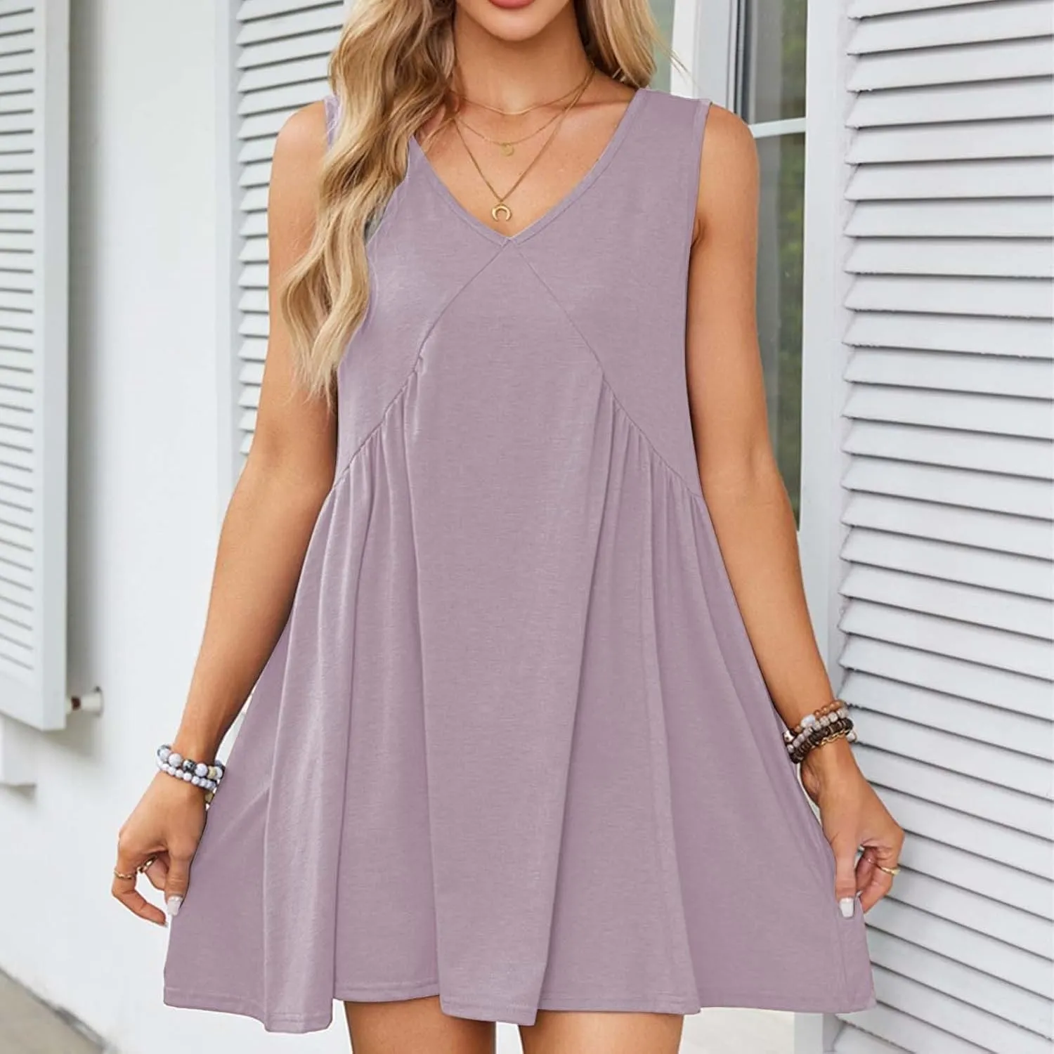 Mini Dresses for Women 2024 Pleated Swing Flowy Solid Color Sleveless Sundress Pockets V Neck Casual Beach Tank Dress
