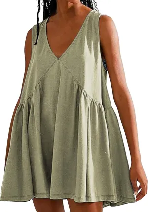 Mini Dresses for Women 2024 Pleated Swing Flowy Solid Color Sleveless Sundress Pockets V Neck Casual Beach Tank Dress