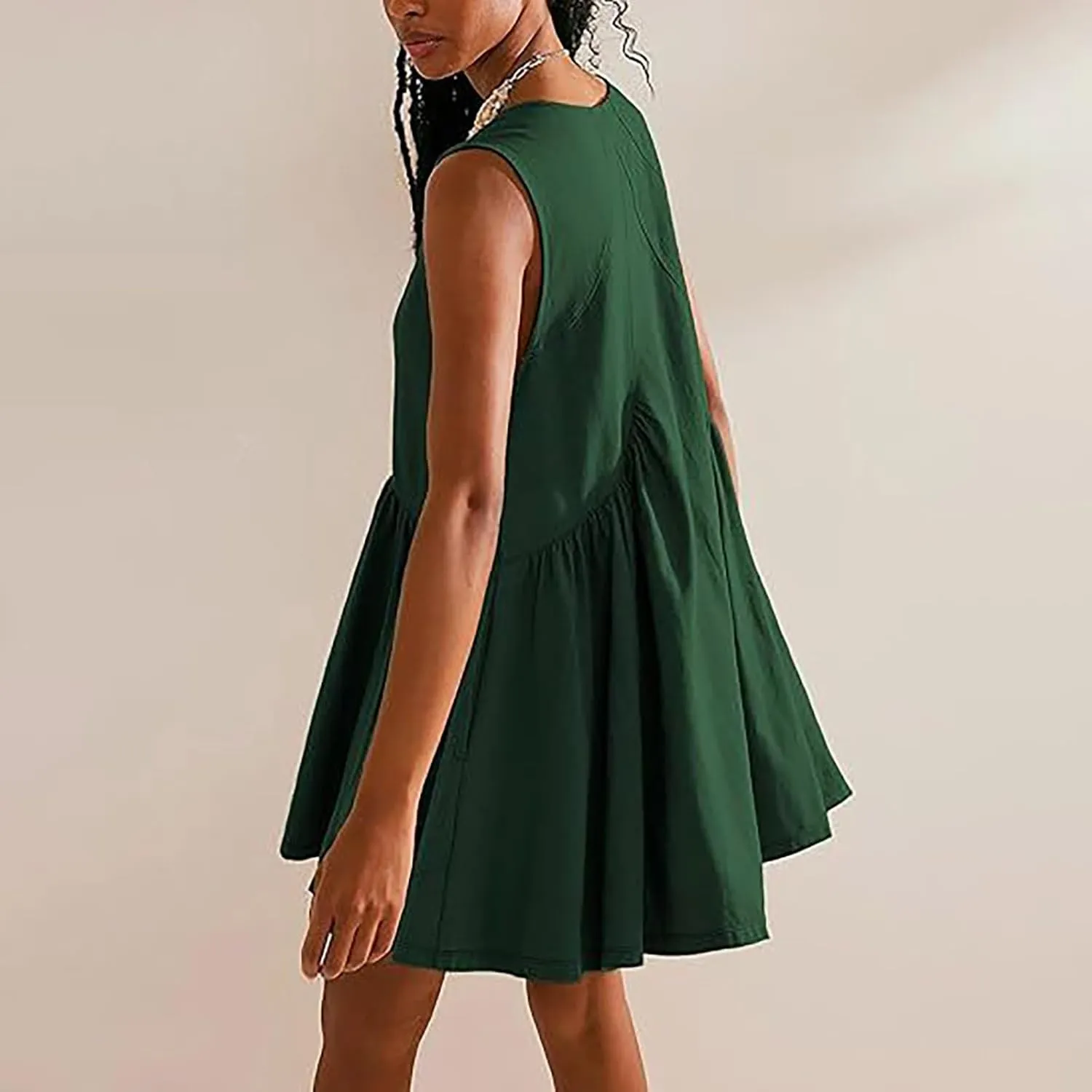 Mini Dresses for Women 2024 Pleated Swing Flowy Solid Color Sleveless Sundress Pockets V Neck Casual Beach Tank Dress
