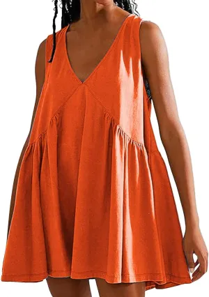 Mini Dresses for Women 2024 Pleated Swing Flowy Solid Color Sleveless Sundress Pockets V Neck Casual Beach Tank Dress