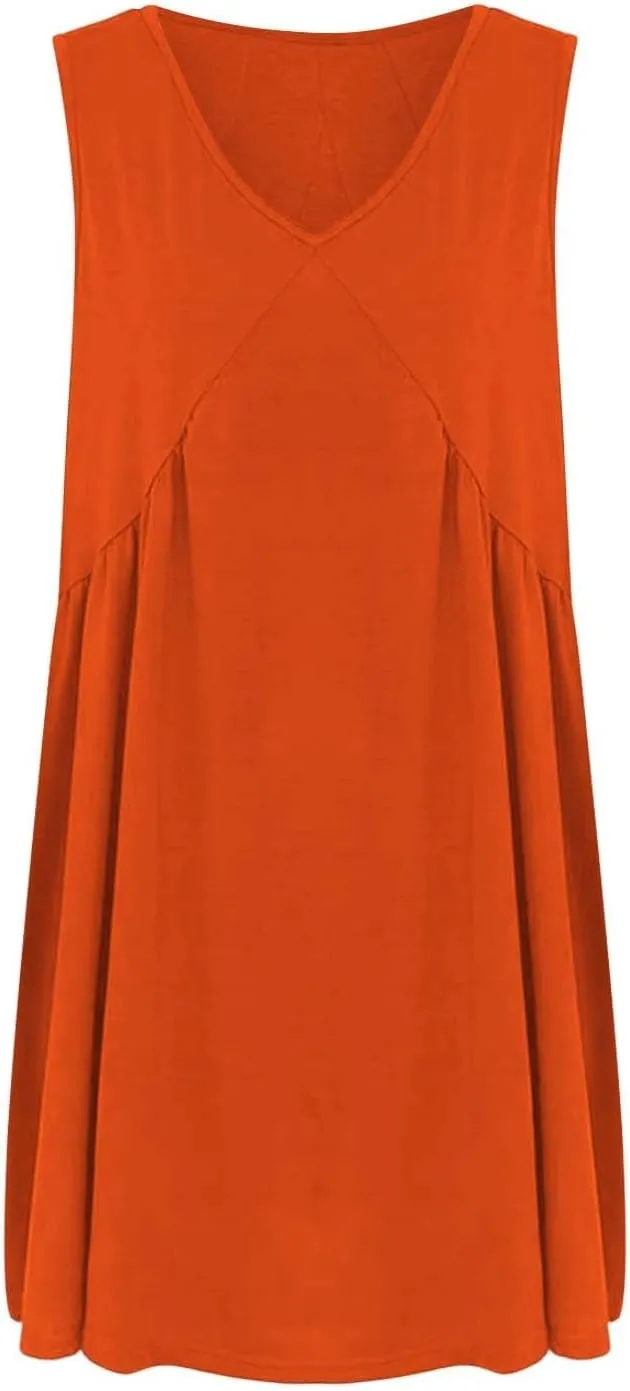 Mini Dresses for Women 2024 Pleated Swing Flowy Solid Color Sleveless Sundress Pockets V Neck Casual Beach Tank Dress