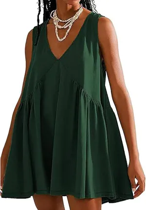 Mini Dresses for Women 2024 Pleated Swing Flowy Solid Color Sleveless Sundress Pockets V Neck Casual Beach Tank Dress