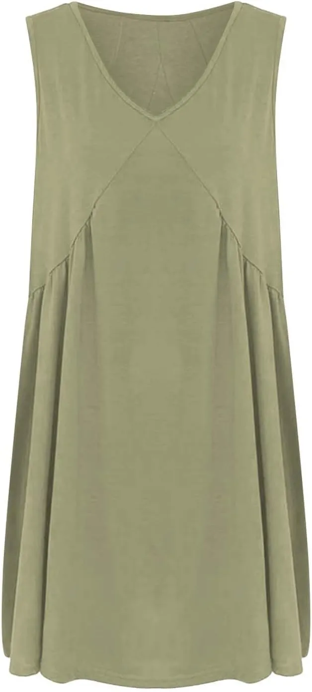 Mini Dresses for Women 2024 Pleated Swing Flowy Solid Color Sleveless Sundress Pockets V Neck Casual Beach Tank Dress