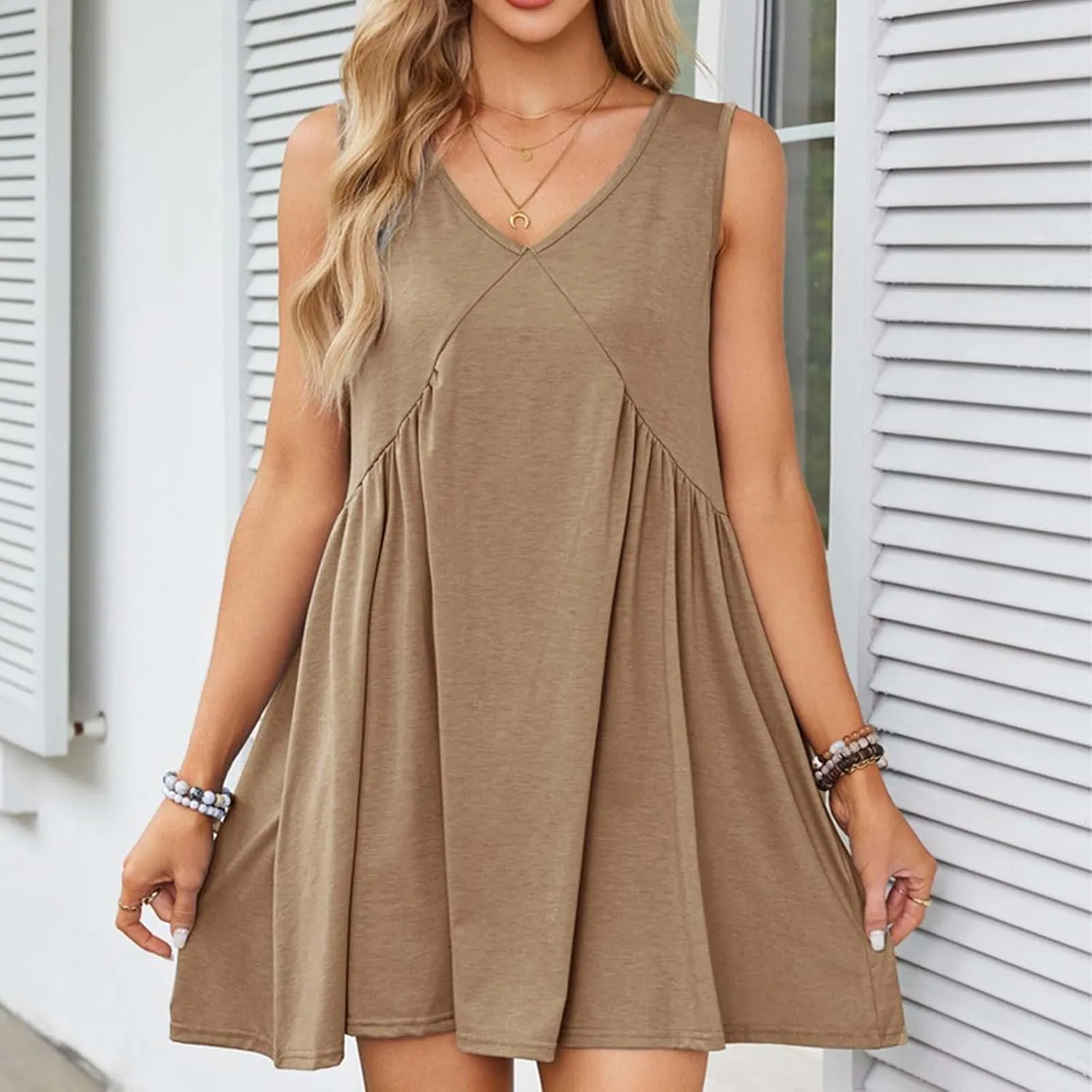 Mini Dresses for Women 2024 Pleated Swing Flowy Solid Color Sleveless Sundress Pockets V Neck Casual Beach Tank Dress