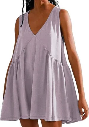 Mini Dresses for Women 2024 Pleated Swing Flowy Solid Color Sleveless Sundress Pockets V Neck Casual Beach Tank Dress