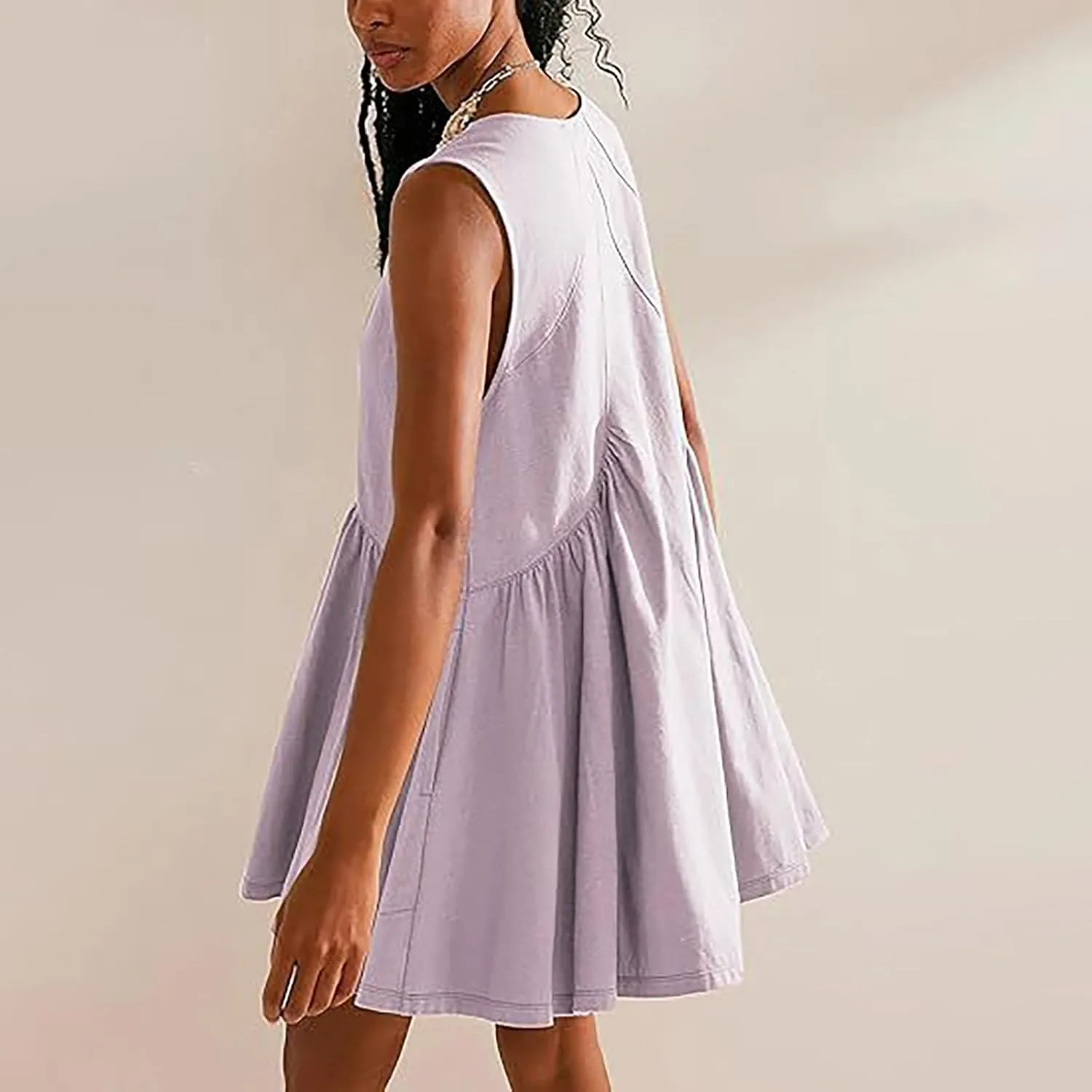 Mini Dresses for Women 2024 Pleated Swing Flowy Solid Color Sleveless Sundress Pockets V Neck Casual Beach Tank Dress