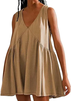 Mini Dresses for Women 2024 Pleated Swing Flowy Solid Color Sleveless Sundress Pockets V Neck Casual Beach Tank Dress