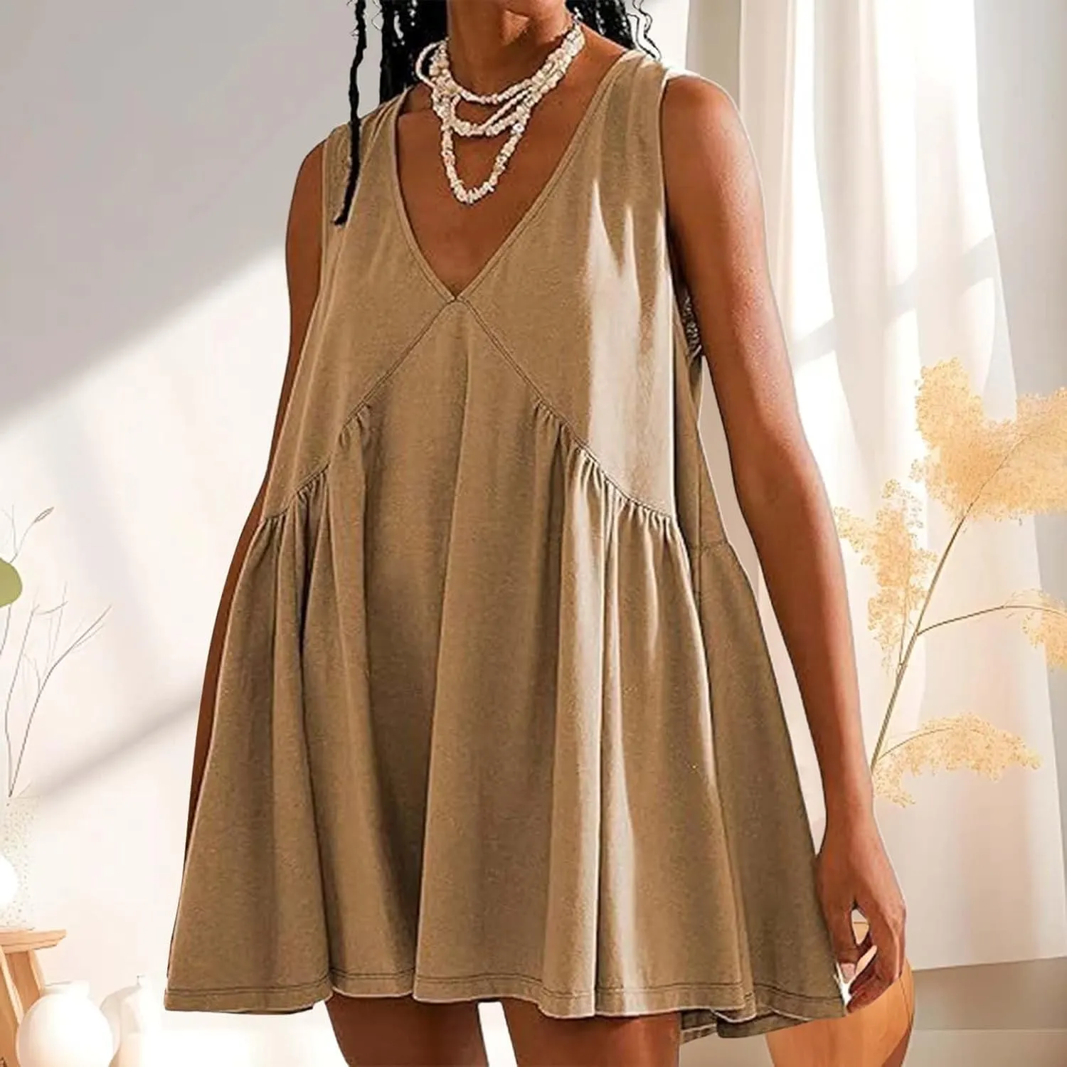 Mini Dresses for Women 2024 Pleated Swing Flowy Solid Color Sleveless Sundress Pockets V Neck Casual Beach Tank Dress