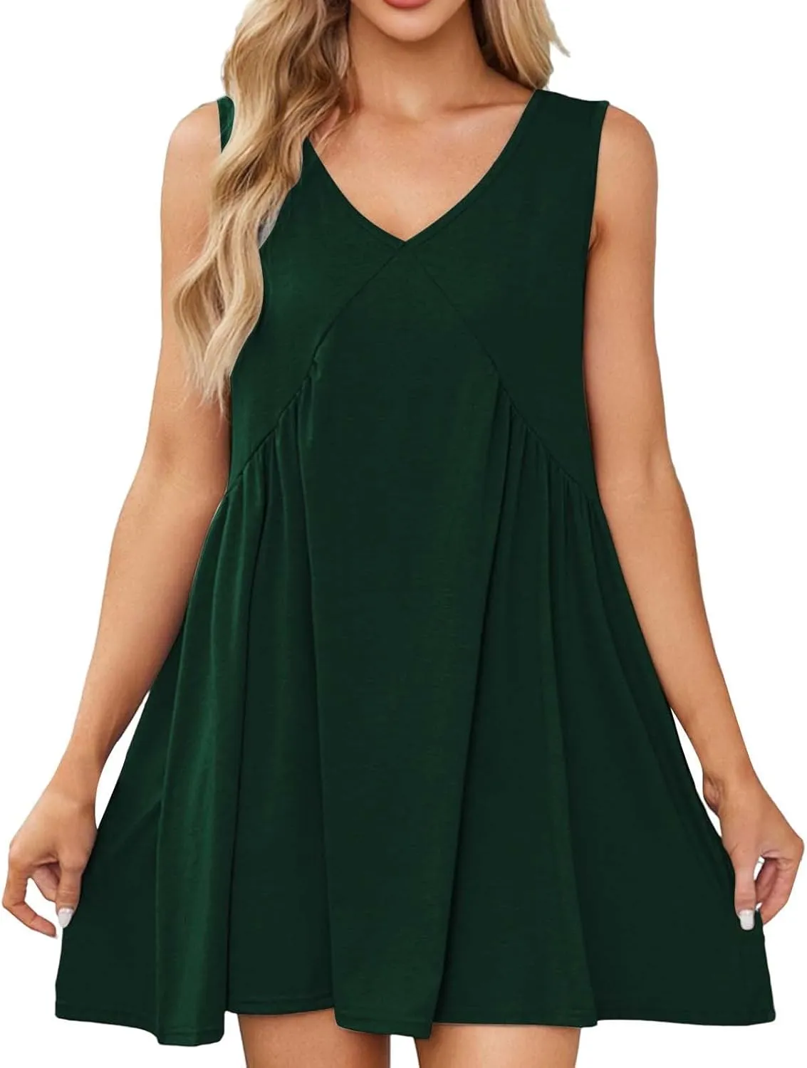 Mini Dresses for Women 2024 Pleated Swing Flowy Solid Color Sleveless Sundress Pockets V Neck Casual Beach Tank Dress
