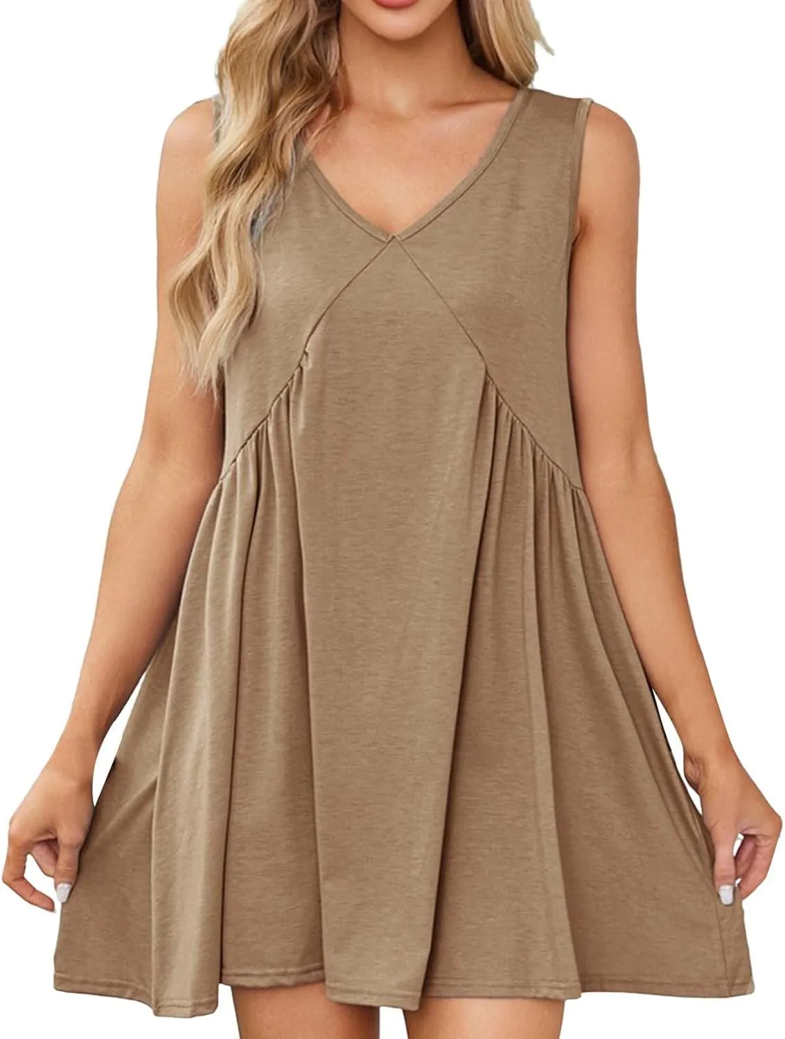 Mini Dresses for Women 2024 Pleated Swing Flowy Solid Color Sleveless Sundress Pockets V Neck Casual Beach Tank Dress