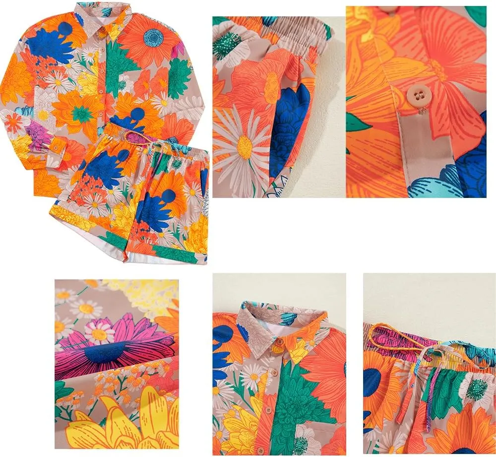 Molilove Women's Summer 2 Piece Outfits Print Button Down Shirt Shorts Pockets Long Sleeve Beach Vacation Going Out Outfits