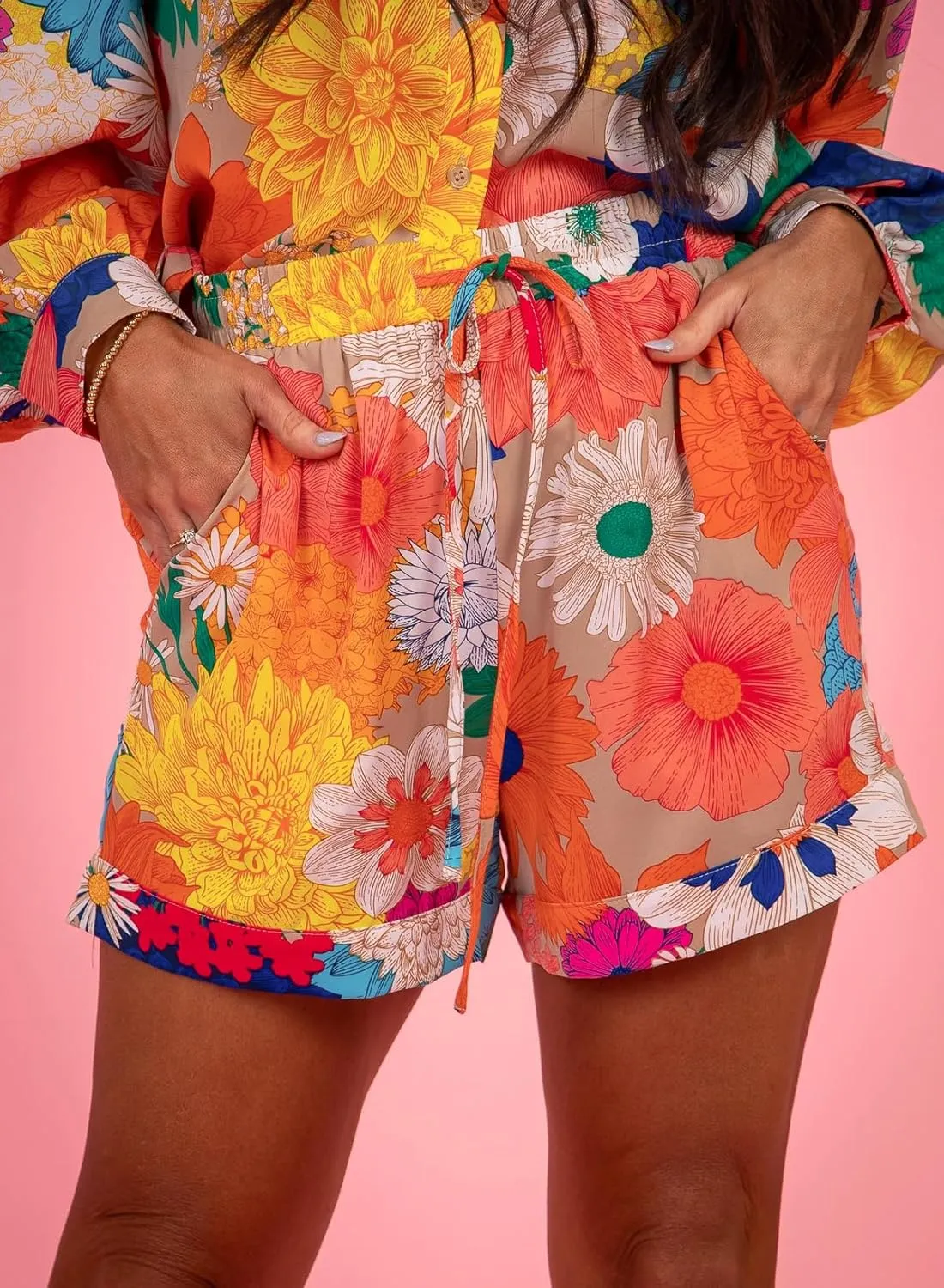 Molilove Women's Summer 2 Piece Outfits Print Button Down Shirt Shorts Pockets Long Sleeve Beach Vacation Going Out Outfits