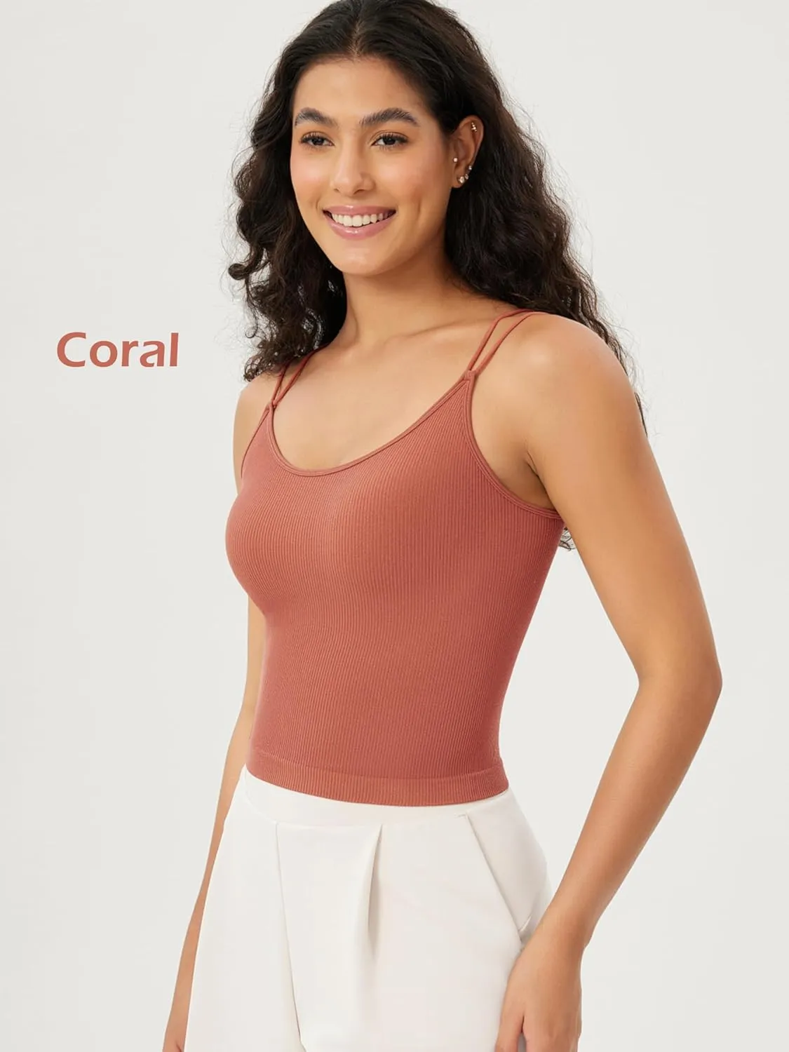 ODODOS Women's Crop Seamless Double Straps Cropped Tank Tops V Back Ribbed Camisole