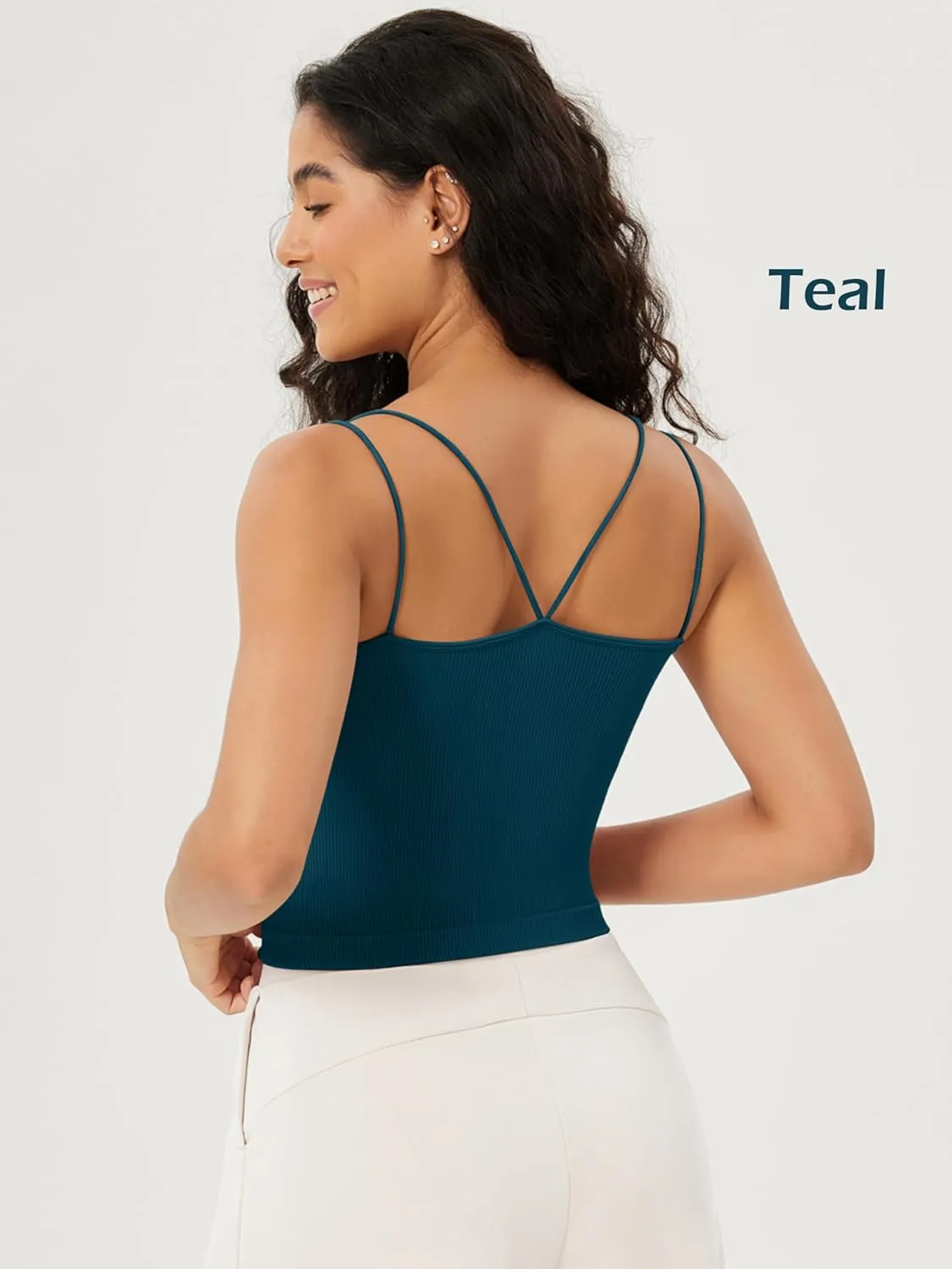 ODODOS Women's Crop Seamless Double Straps Cropped Tank Tops V Back Ribbed Camisole