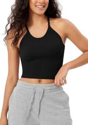 ODODOS Women's Crop Seamless Rib-Knit Camisole Strappy Racerback Cropped Tank Tops