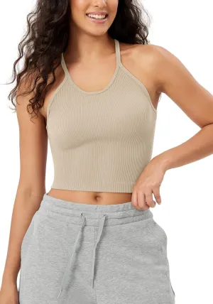 ODODOS Women's Crop Seamless Rib-Knit Camisole Strappy Racerback Cropped Tank Tops