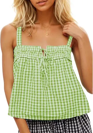 Plaid Cami Top for Women Y2K Tie Front Square Neck Camisole Summer Sleeveless Gingham Cropped Vest Cute Cami Shirt