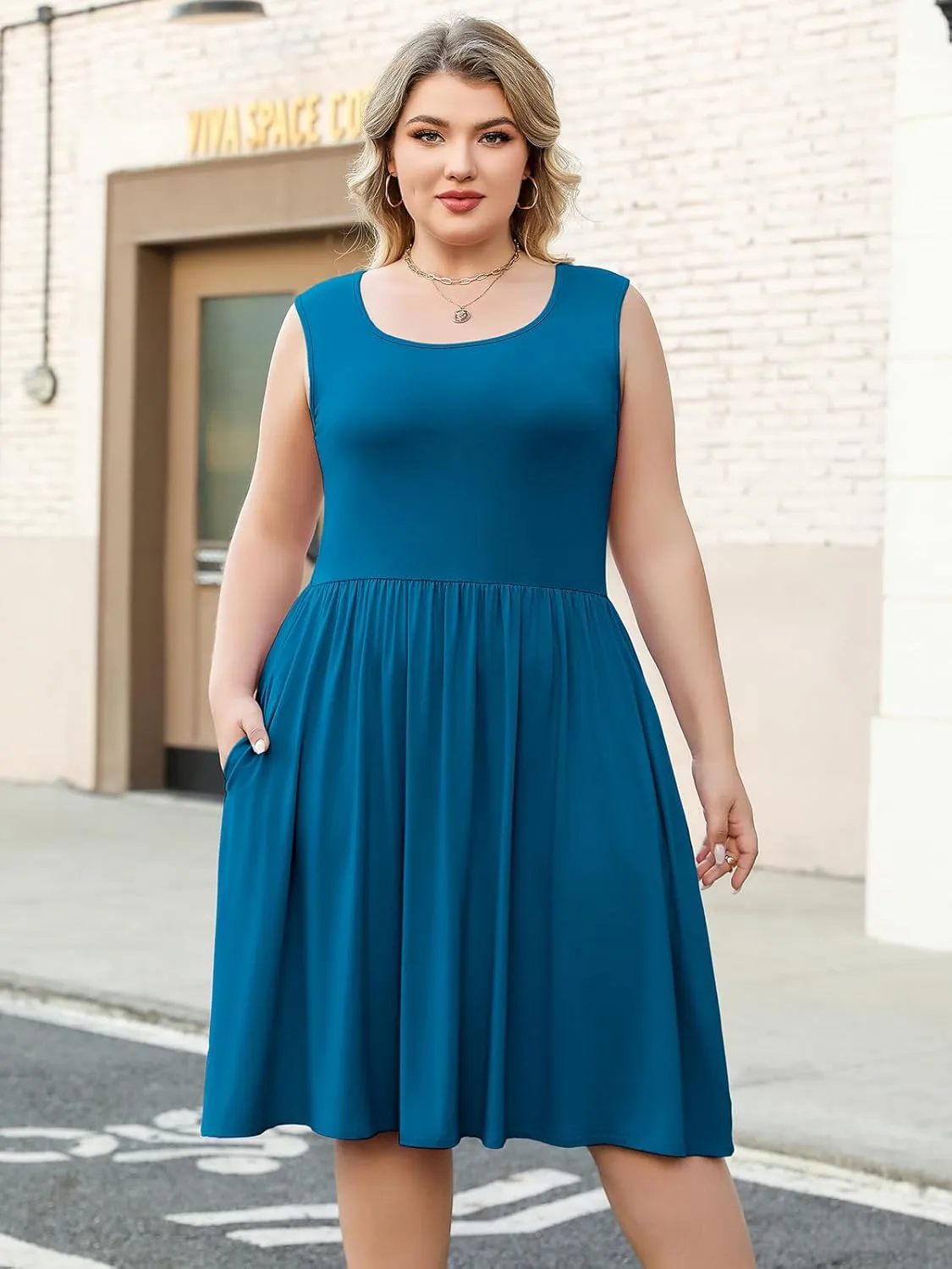 Plus Size Casual Summer Dress for Women Square Neck Sleeveless Ruffle Hem Aline Midi Tank Dress with Pockets
