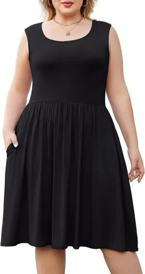 Plus Size Casual Summer Dress for Women Square Neck Sleeveless Ruffle Hem Aline Midi Tank Dress with Pockets