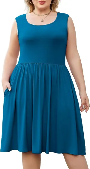 Plus Size Casual Summer Dress for Women Square Neck Sleeveless Ruffle Hem Aline Midi Tank Dress with Pockets