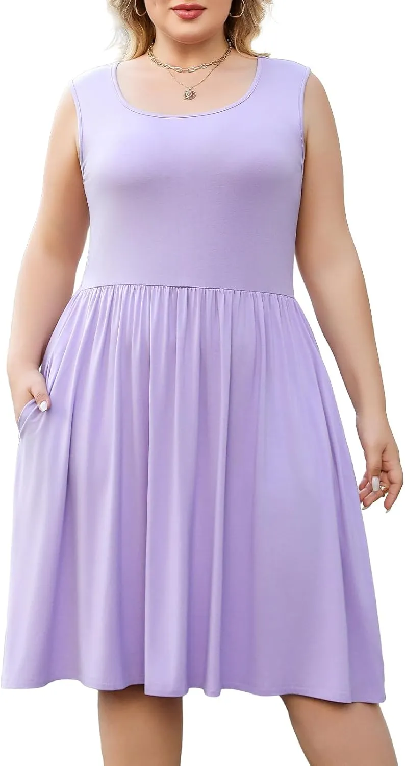 Plus Size Casual Summer Dress for Women Square Neck Sleeveless Ruffle Hem Aline Midi Tank Dress with Pockets