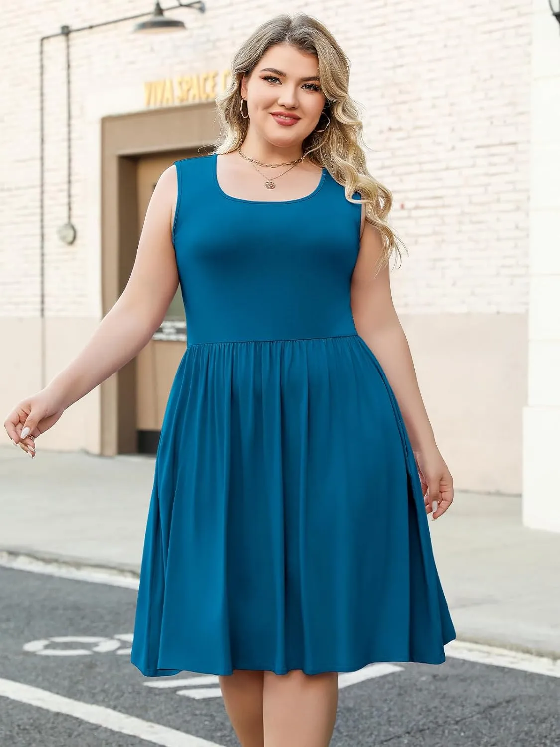 Plus Size Casual Summer Dress for Women Square Neck Sleeveless Ruffle Hem Aline Midi Tank Dress with Pockets