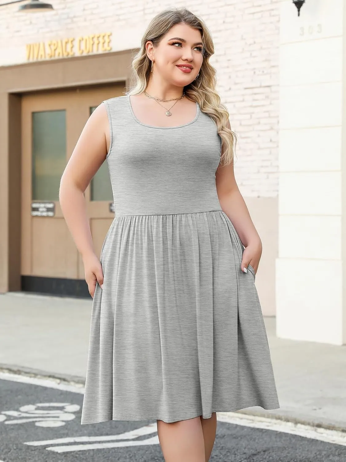 Plus Size Casual Summer Dress for Women Square Neck Sleeveless Ruffle Hem Aline Midi Tank Dress with Pockets