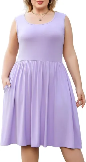 Plus Size Casual Summer Dress for Women Square Neck Sleeveless Ruffle Hem Aline Midi Tank Dress with Pockets