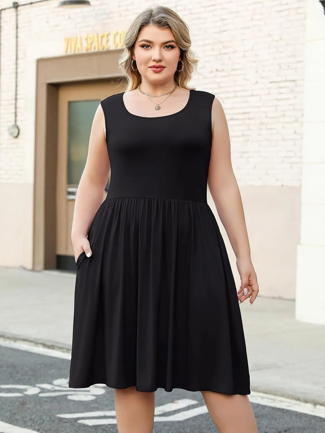 Plus Size Casual Summer Dress for Women Square Neck Sleeveless Ruffle Hem Aline Midi Tank Dress with Pockets