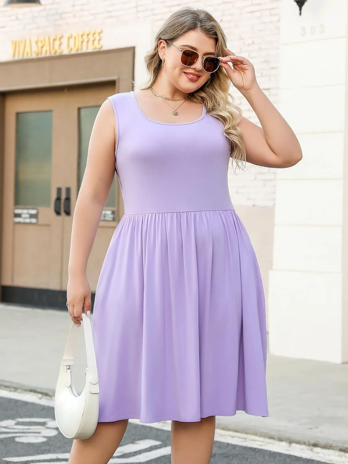 Plus Size Casual Summer Dress for Women Square Neck Sleeveless Ruffle Hem Aline Midi Tank Dress with Pockets
