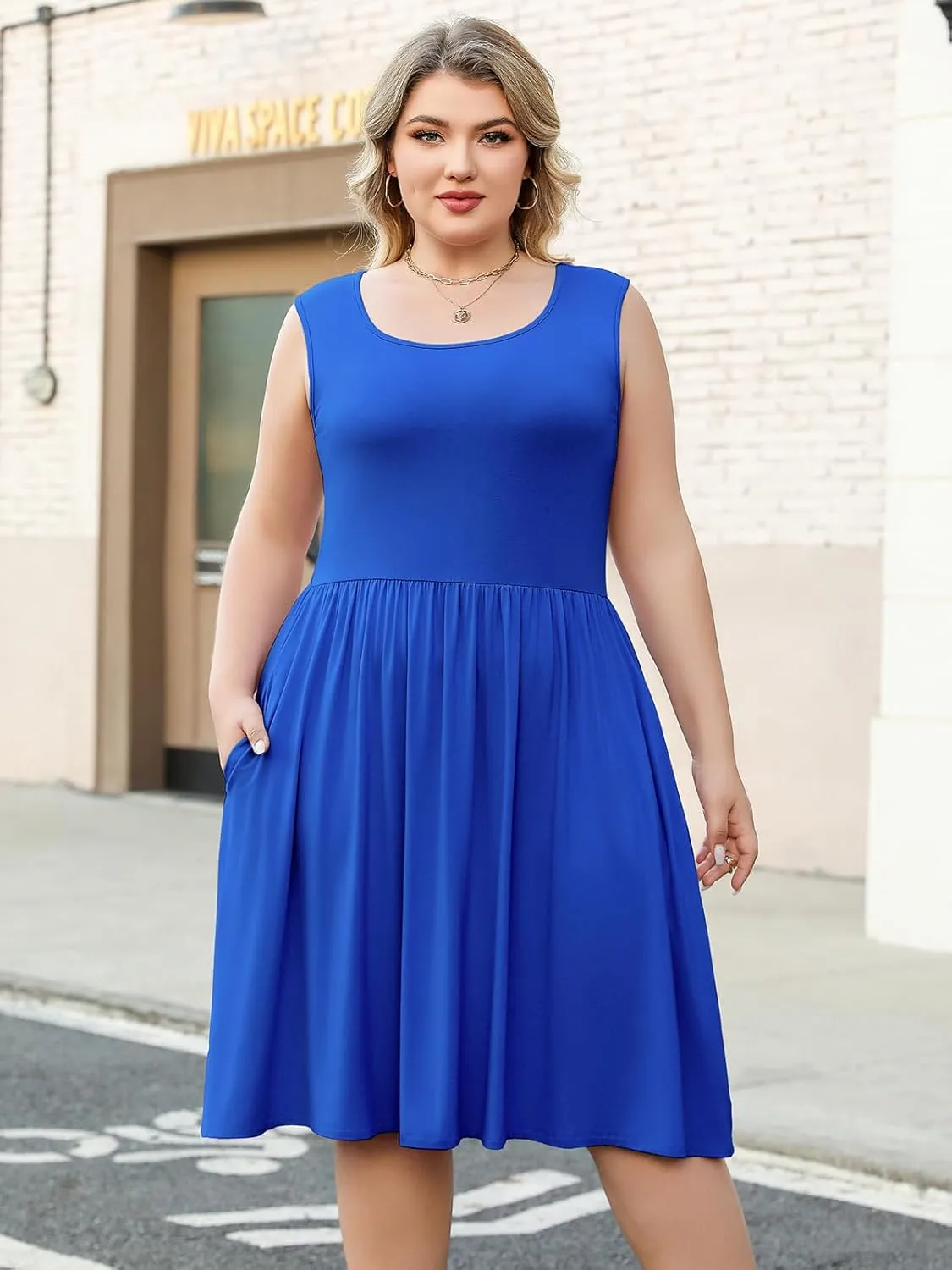 Plus Size Casual Summer Dress for Women Square Neck Sleeveless Ruffle Hem Aline Midi Tank Dress with Pockets