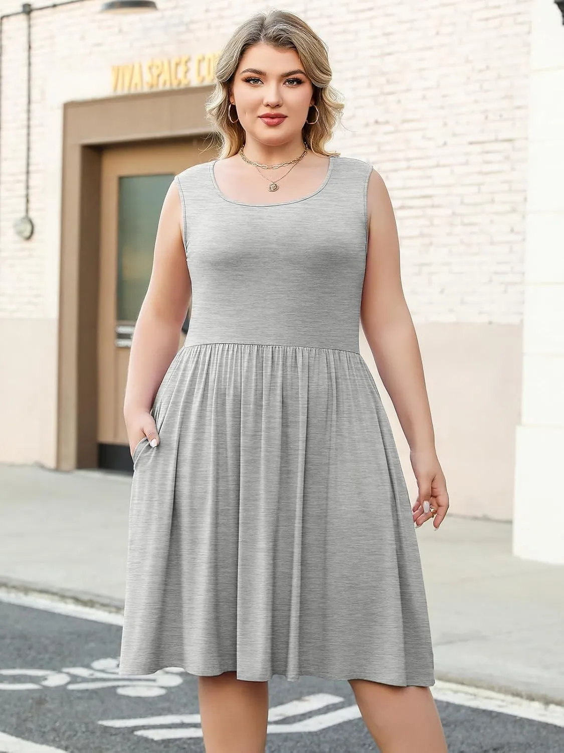 Plus Size Casual Summer Dress for Women Square Neck Sleeveless Ruffle Hem Aline Midi Tank Dress with Pockets