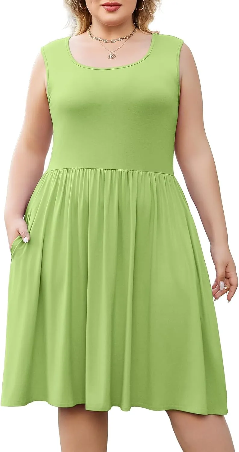 Plus Size Casual Summer Dress for Women Square Neck Sleeveless Ruffle Hem Aline Midi Tank Dress with Pockets