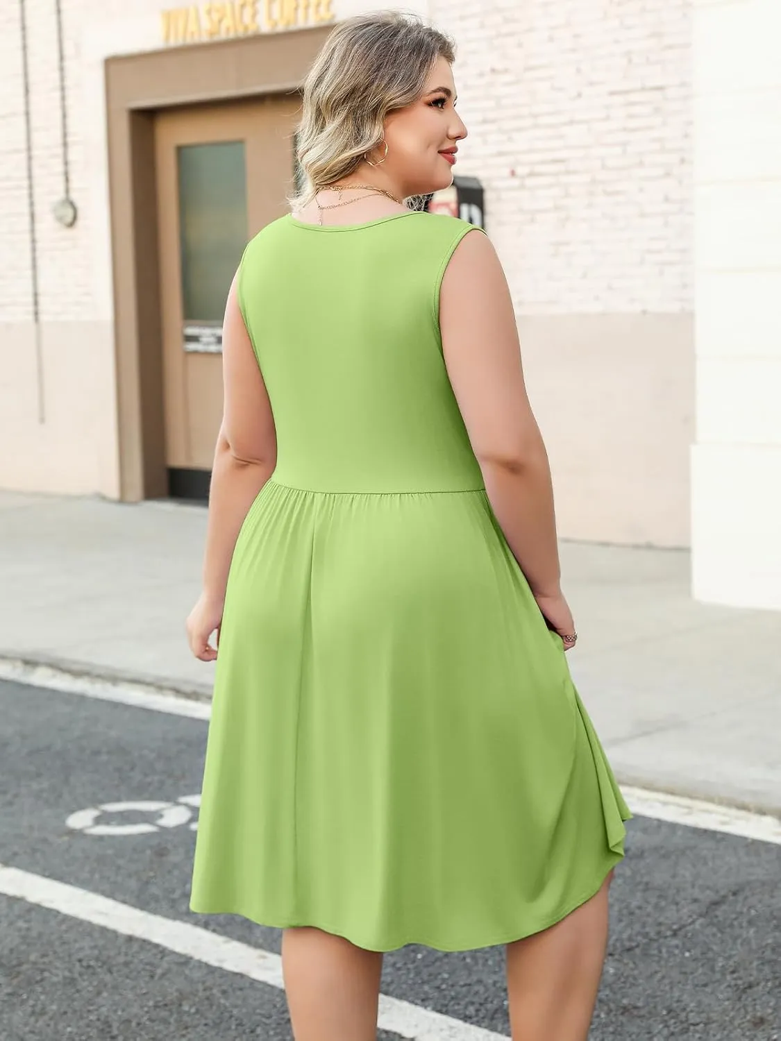 Plus Size Casual Summer Dress for Women Square Neck Sleeveless Ruffle Hem Aline Midi Tank Dress with Pockets