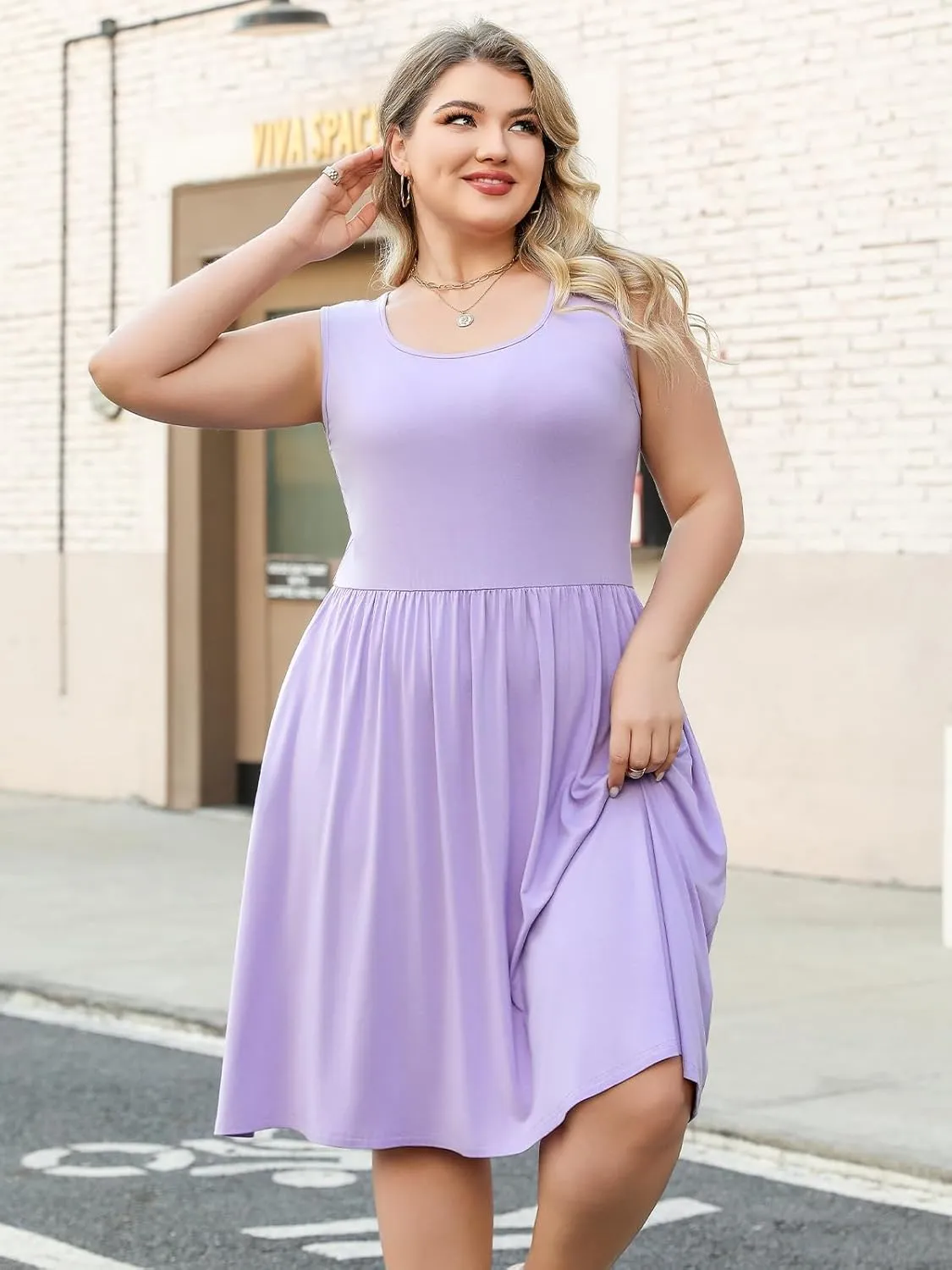 Plus Size Casual Summer Dress for Women Square Neck Sleeveless Ruffle Hem Aline Midi Tank Dress with Pockets
