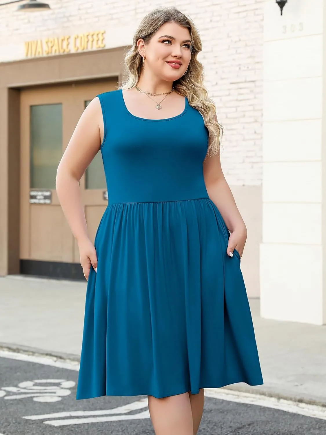 Plus Size Casual Summer Dress for Women Square Neck Sleeveless Ruffle Hem Aline Midi Tank Dress with Pockets