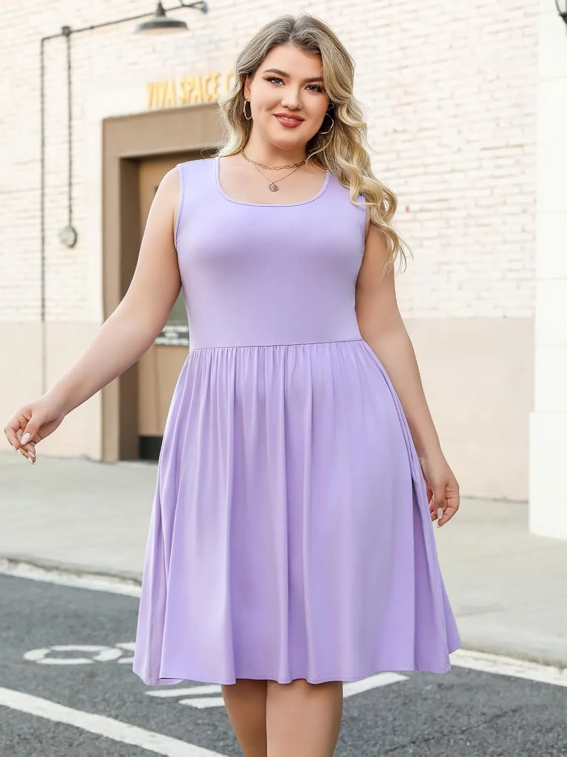 Plus Size Casual Summer Dress for Women Square Neck Sleeveless Ruffle Hem Aline Midi Tank Dress with Pockets