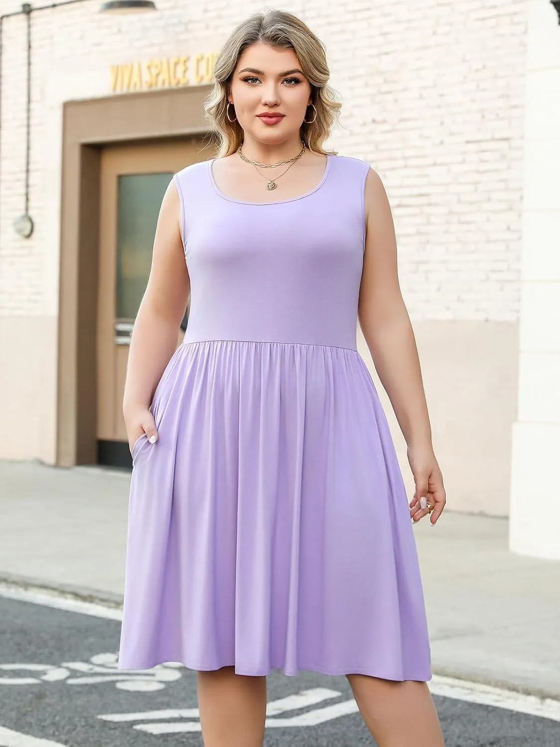 Plus Size Casual Summer Dress for Women Square Neck Sleeveless Ruffle Hem Aline Midi Tank Dress with Pockets