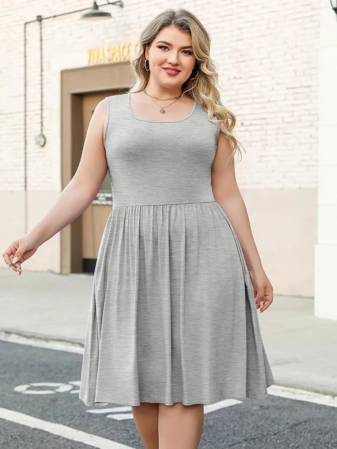 Plus Size Casual Summer Dress for Women Square Neck Sleeveless Ruffle Hem Aline Midi Tank Dress with Pockets
