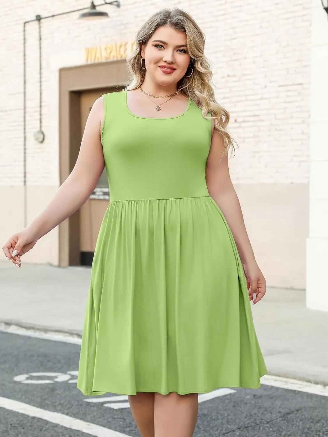 Plus Size Casual Summer Dress for Women Square Neck Sleeveless Ruffle Hem Aline Midi Tank Dress with Pockets