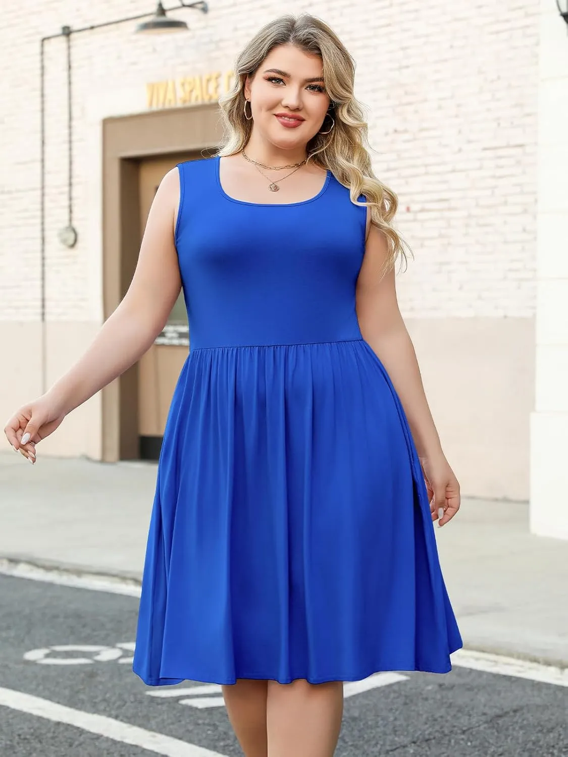 Plus Size Casual Summer Dress for Women Square Neck Sleeveless Ruffle Hem Aline Midi Tank Dress with Pockets