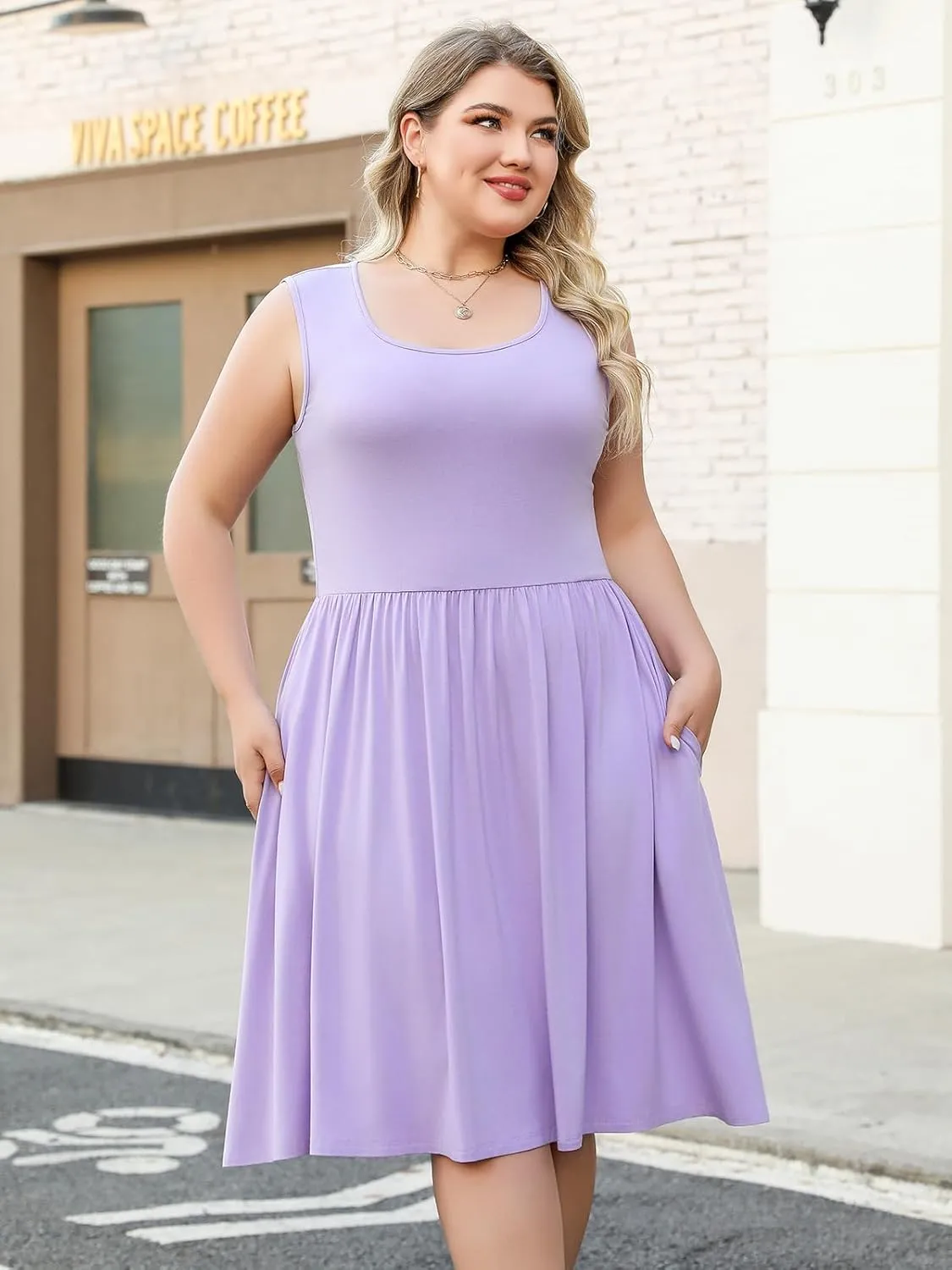 Plus Size Casual Summer Dress for Women Square Neck Sleeveless Ruffle Hem Aline Midi Tank Dress with Pockets