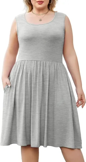 Plus Size Casual Summer Dress for Women Square Neck Sleeveless Ruffle Hem Aline Midi Tank Dress with Pockets