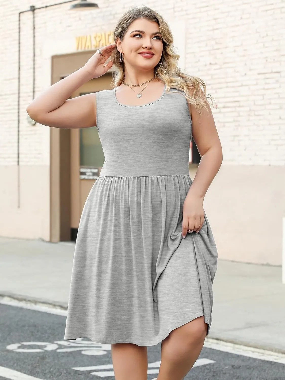 Plus Size Casual Summer Dress for Women Square Neck Sleeveless Ruffle Hem Aline Midi Tank Dress with Pockets