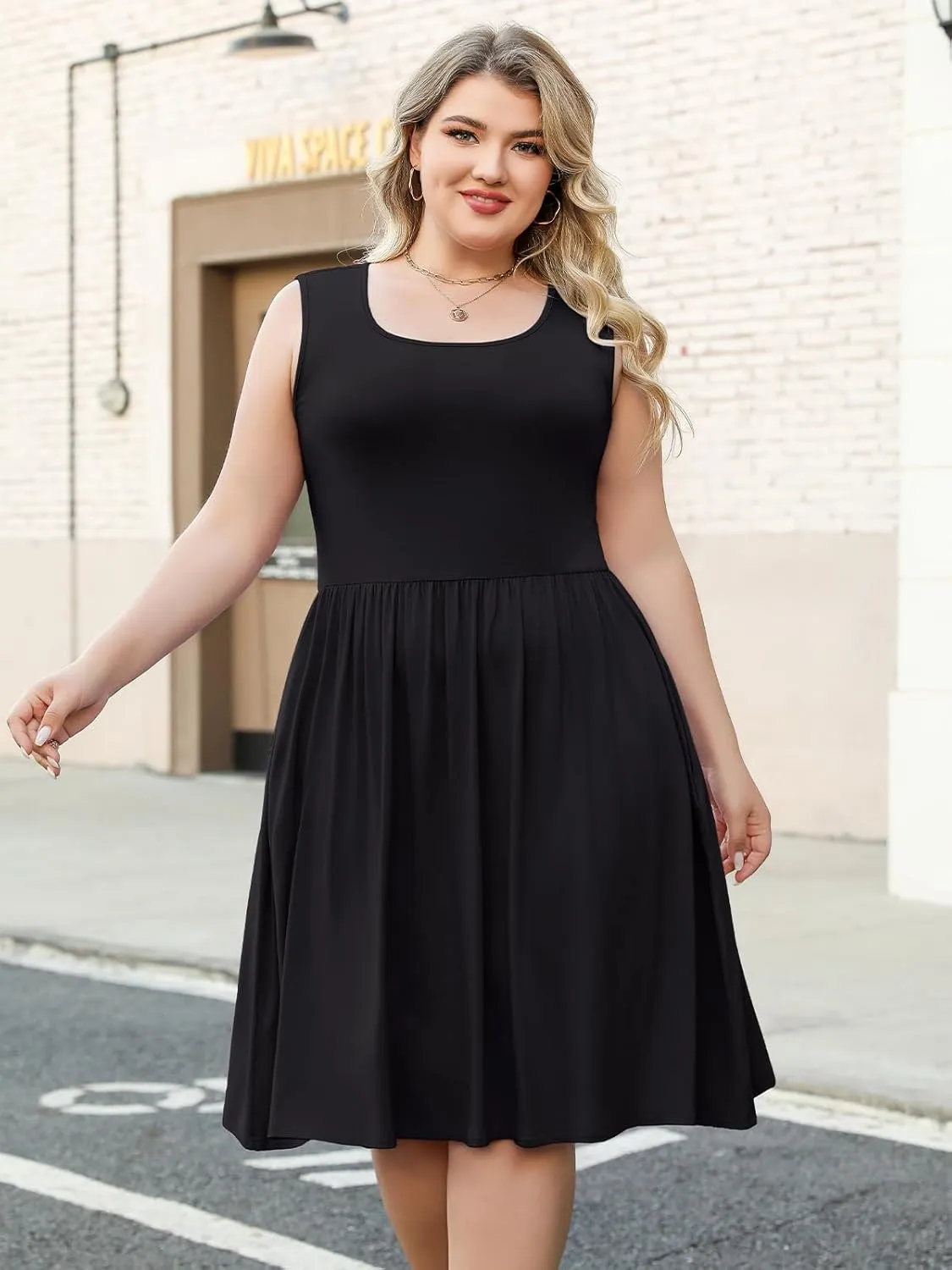 Plus Size Casual Summer Dress for Women Square Neck Sleeveless Ruffle Hem Aline Midi Tank Dress with Pockets