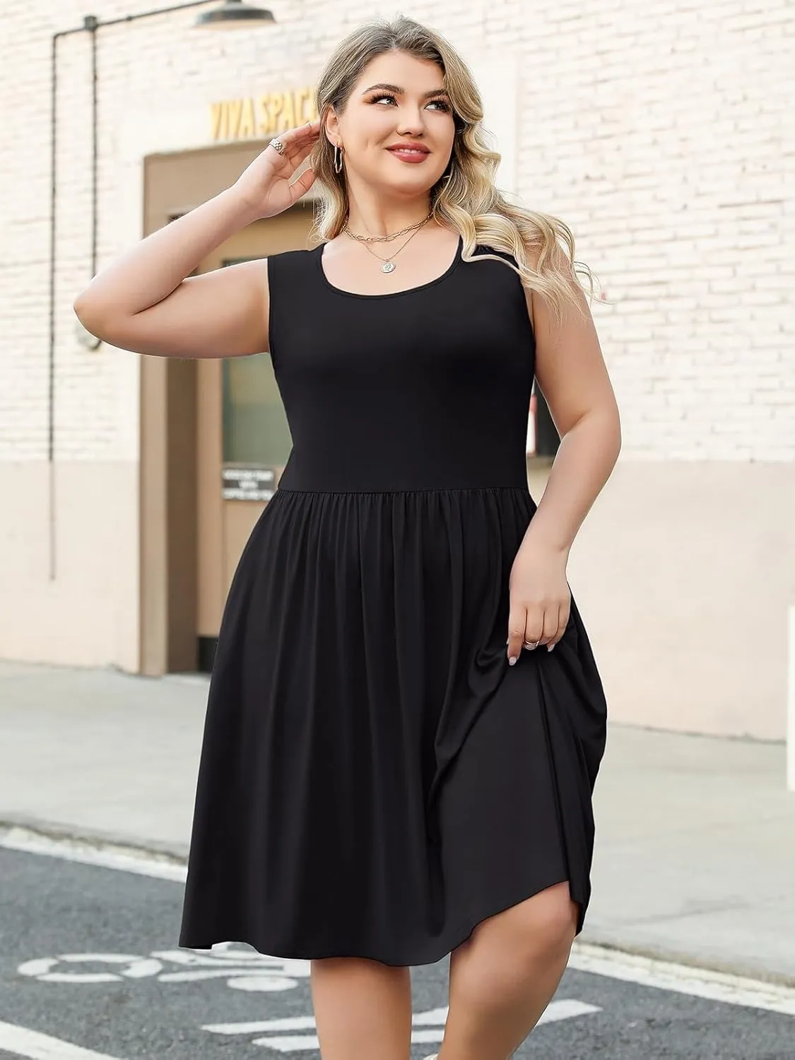 Plus Size Casual Summer Dress for Women Square Neck Sleeveless Ruffle Hem Aline Midi Tank Dress with Pockets