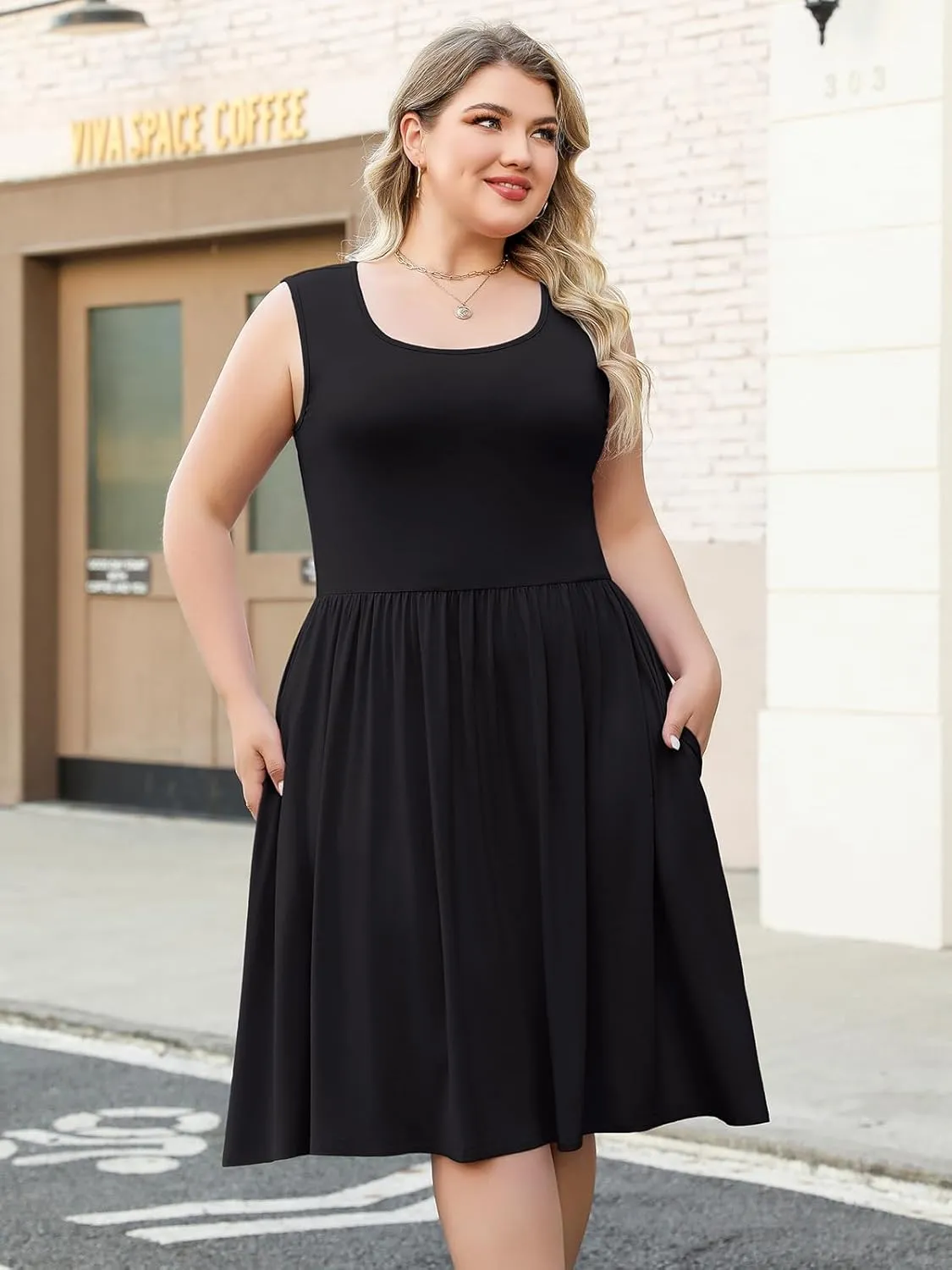 Plus Size Casual Summer Dress for Women Square Neck Sleeveless Ruffle Hem Aline Midi Tank Dress with Pockets