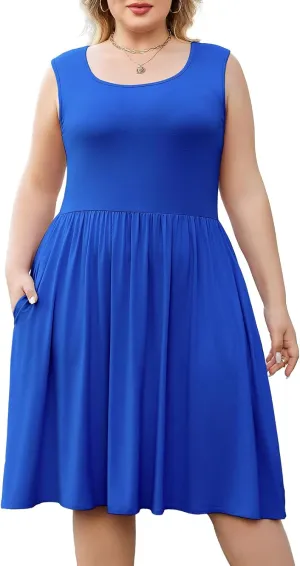 Plus Size Casual Summer Dress for Women Square Neck Sleeveless Ruffle Hem Aline Midi Tank Dress with Pockets