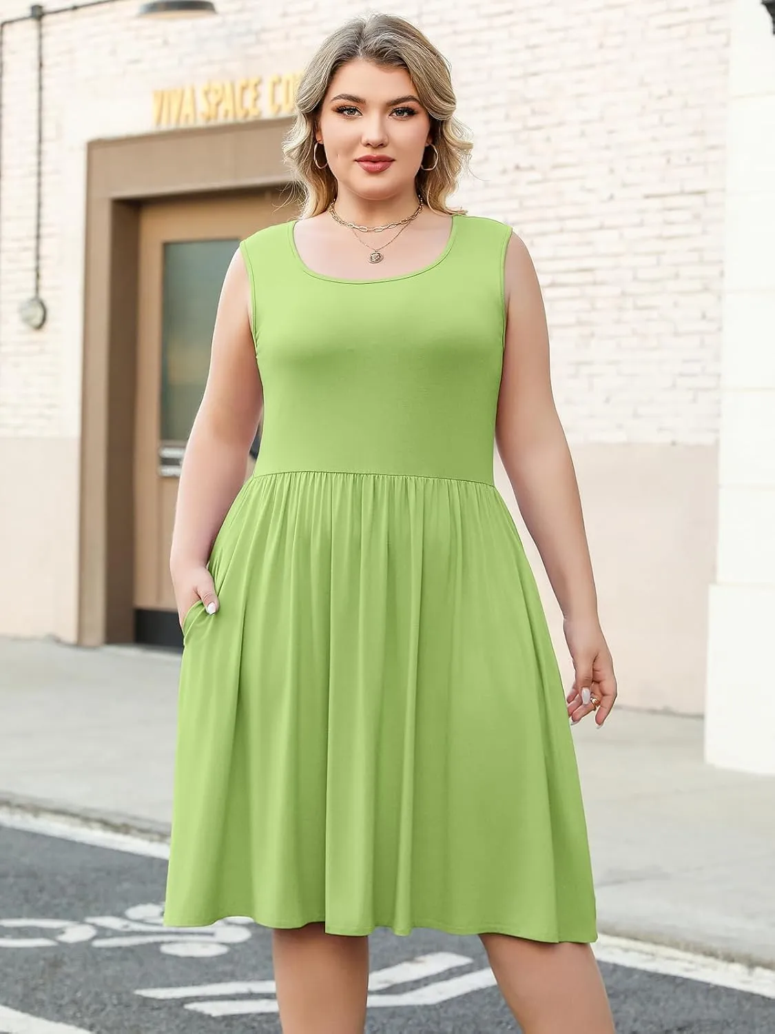 Plus Size Casual Summer Dress for Women Square Neck Sleeveless Ruffle Hem Aline Midi Tank Dress with Pockets
